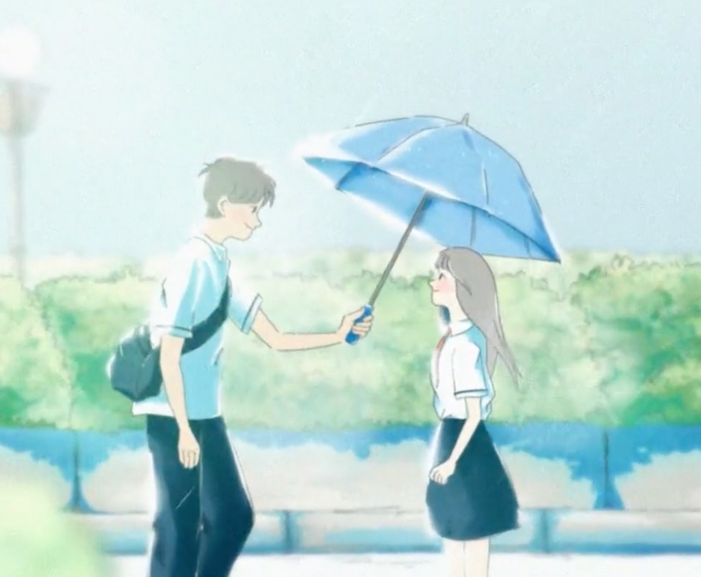 Sun Jae holding an umbrella over Sol in a soft, dreamlike scene.